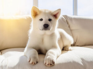 白いソファに座る秋田犬の子犬