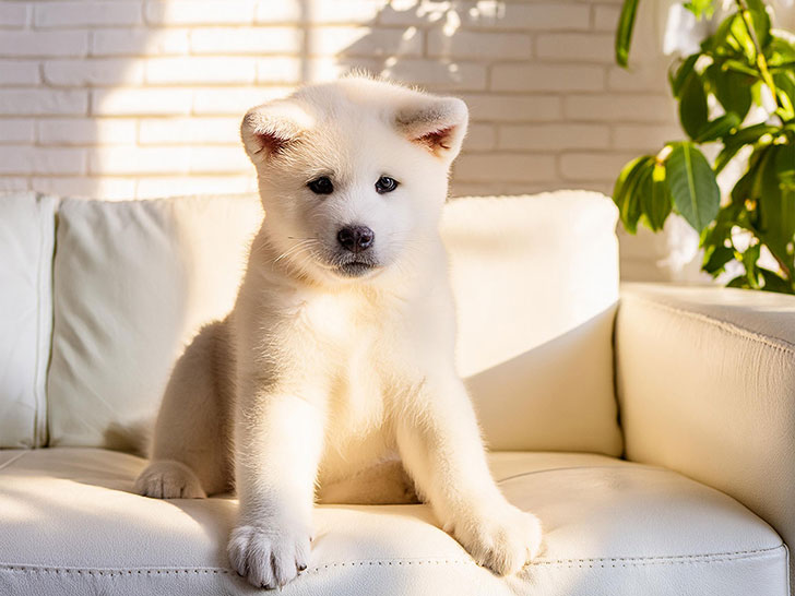 白いソファに座る秋田犬の子犬