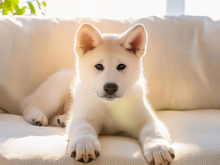 白いソファに座る秋田犬の子犬