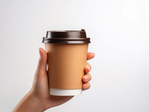 コーヒーの紙カップを持つ手