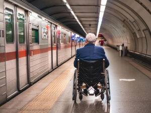 車椅子で駅のホームに佇む高齢男性