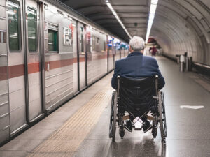 車椅子で駅のホームに佇む高齢男性