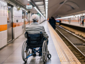 車椅子で駅のホームに佇む高齢男性