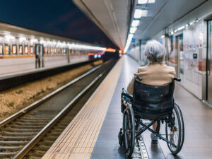 車椅子で駅のホームに佇む高齢女性