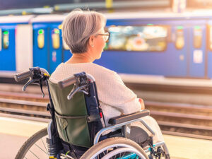 車椅子で駅のホームに佇む高齢女性