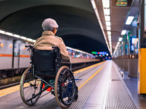 車椅子で駅のホームに佇む高齢女性