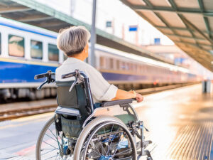 車椅子で駅のホームに佇む高齢女性