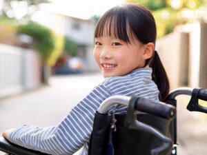 車椅子に座り笑顔を見せる小学生の女の子