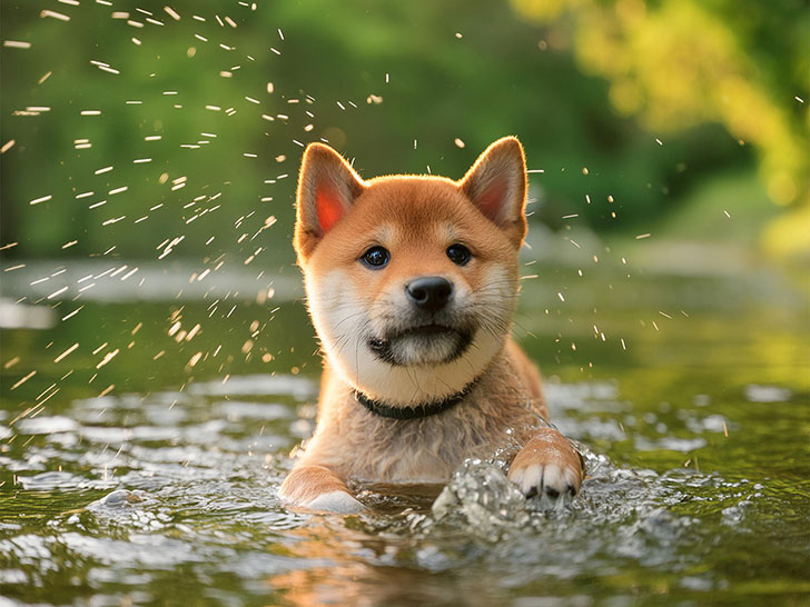 川で水遊びをする柴犬の子犬