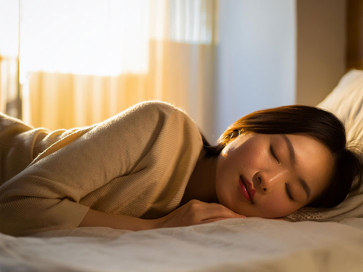 ベッドで眠る若い女性