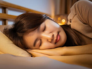 ベッドで眠る若い女性