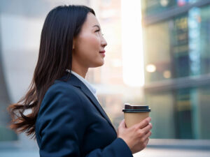 コーヒーを片手にオフィス街にたたずむ女性