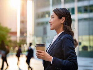 コーヒーを片手にオフィス街にたたずむ女性