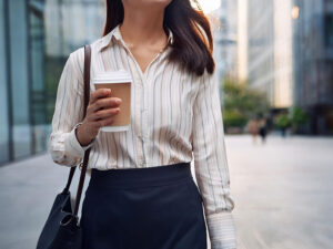 コーヒーを片手にオフィス街にたたずむ女性