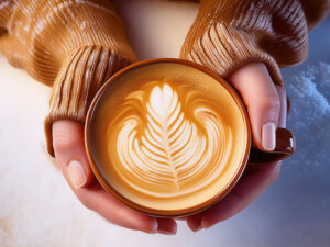 カフェラテのマグカップを持つ女性の手