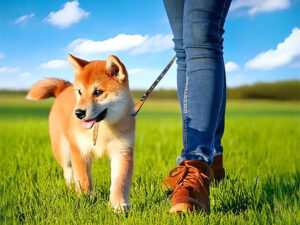 柴犬を散歩させる人の足元