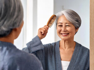 鏡の前でブラッシングするシニア女性