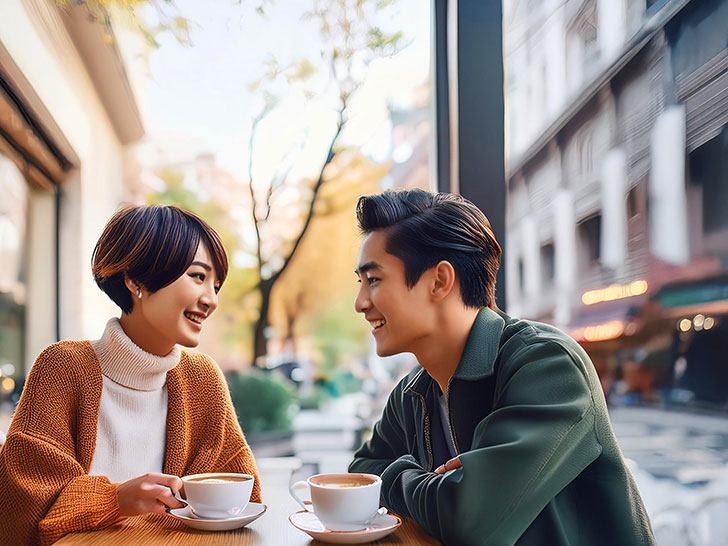 カフェでコーヒーを飲む若いカップル