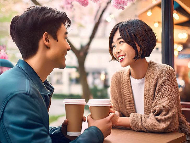 カフェでコーヒーを飲む若いカップル