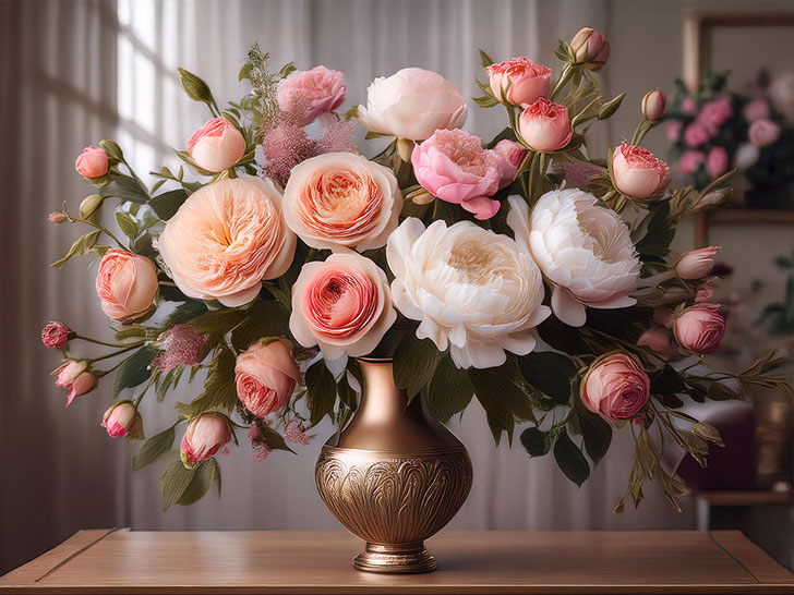 花瓶に飾られた薔薇と牡丹の豪華な花束