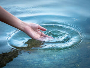 透明な水に浸された女性の手