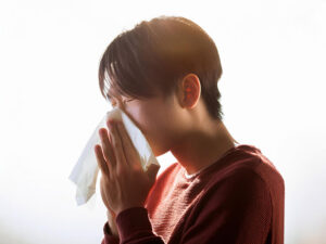 ティッシュで鼻をかむ若い男性