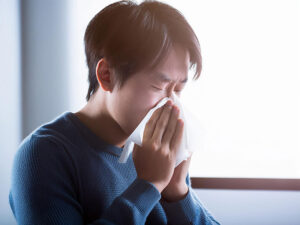 ティッシュで鼻をかむ若い男性