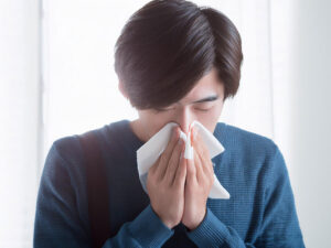 ティッシュで鼻をかむ若い男性