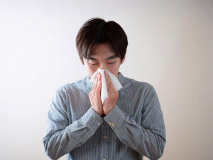 ティッシュで鼻をかむ若い男性