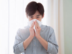 ティッシュで鼻をかむ若い男性
