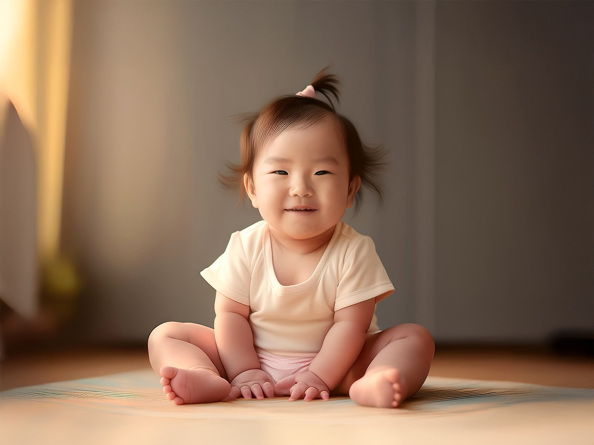座ってとびきりの笑顔を見せる赤ちゃん