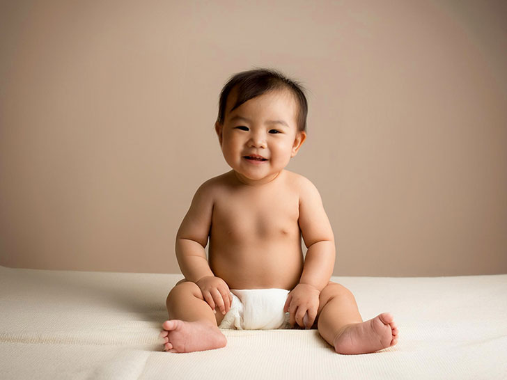 座ってとびきりの笑顔を見せる赤ちゃん