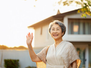 玄関先で手を振るシニア女性