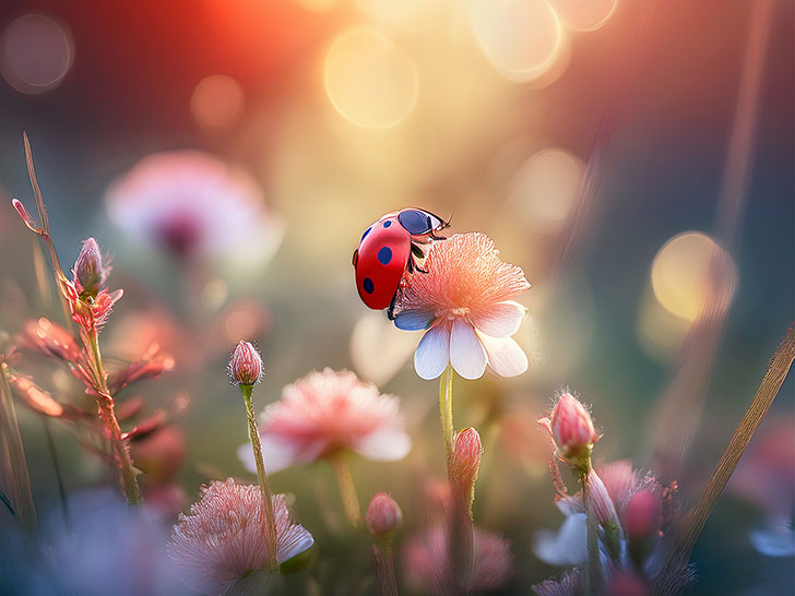 美しいお花畑とてんとう虫