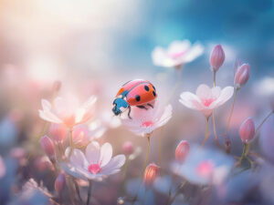 美しいお花畑とてんとう虫