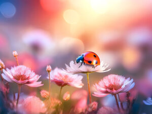 美しいお花畑とてんとう虫