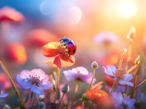 美しいお花畑とてんとう虫