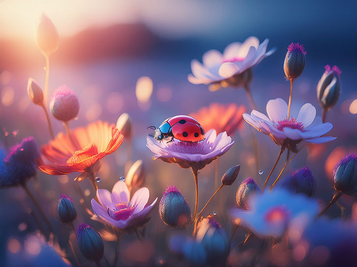 美しいお花畑とてんとう虫