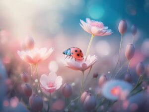 美しいお花畑とてんとう虫