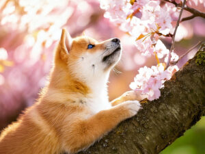 桜の木の枝に上る柴犬の子犬