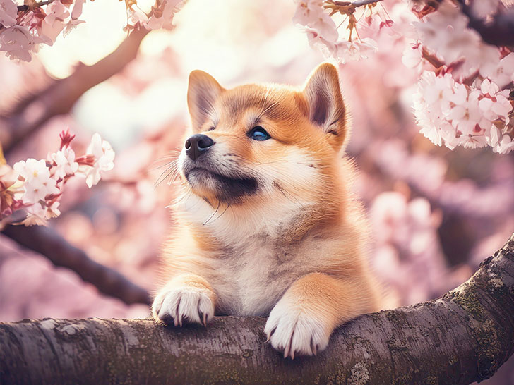 桜の木の枝に上る柴犬の子犬