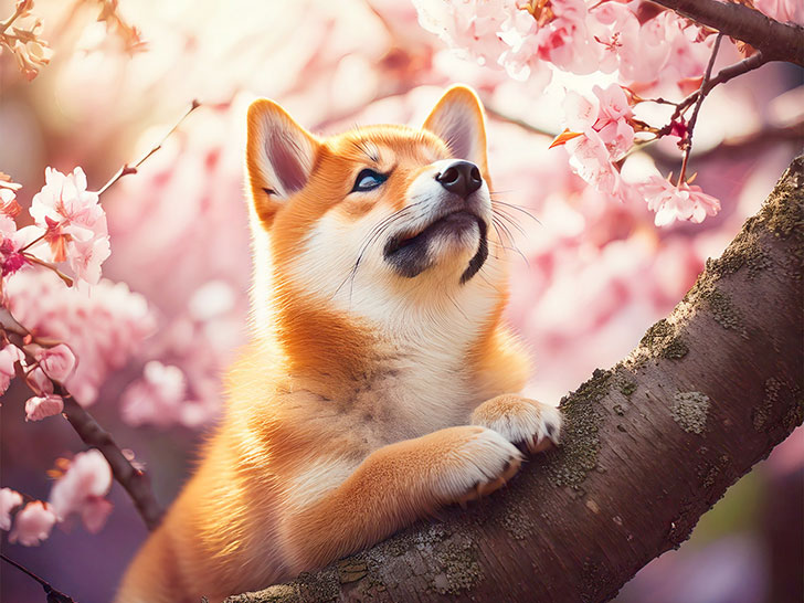 桜の木の枝に上る柴犬の子犬