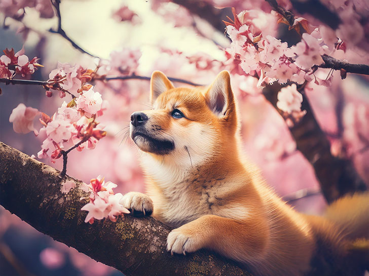 桜の木の枝に上る柴犬の子犬