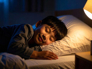 ベッドで眠る小さな男の子