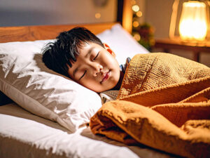 ベッドで眠る小さな男の子