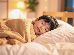 ベッドで眠る小さな男の子