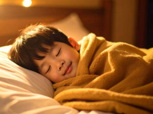ベッドで眠る小さな男の子