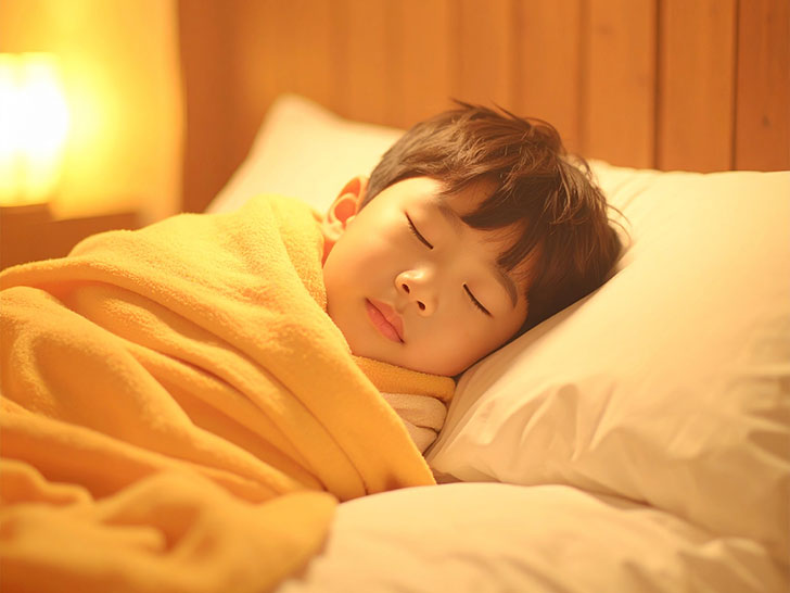 ベッドで眠る小さな男の子