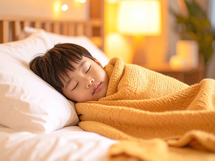 ベッドで眠る小さな男の子
