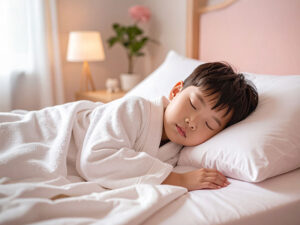 ベッドで眠る小さな男の子